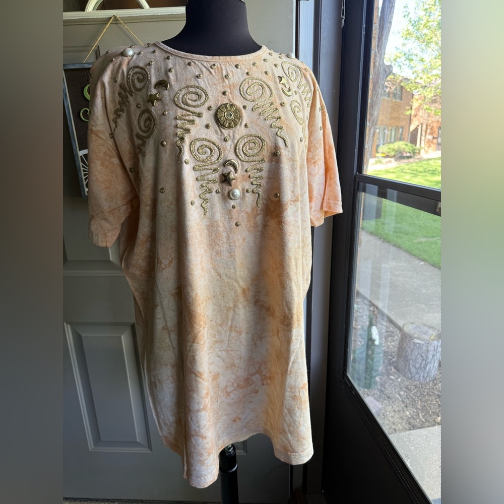 Vintage Art Wear puff paint celestial charm tie dye tunic tshirt dress, size OS
